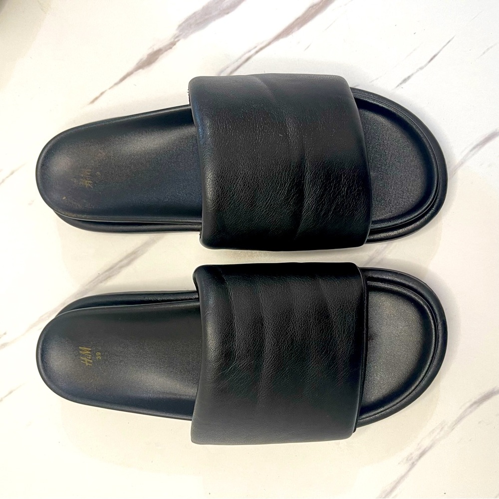 H&M Chunky Platform Sandals Open Toe SlipOn Slide Black Faux Leather US Sz 8-8.5 - Picture 2 of 7